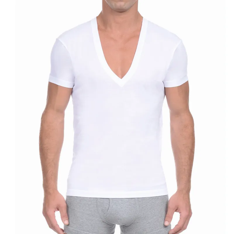 Kalvonfu Men's Deep V Neck T-shirt Kortärmad Solid Casual Undershirt Mens Bomull Sommar Grundläggande T-shirt