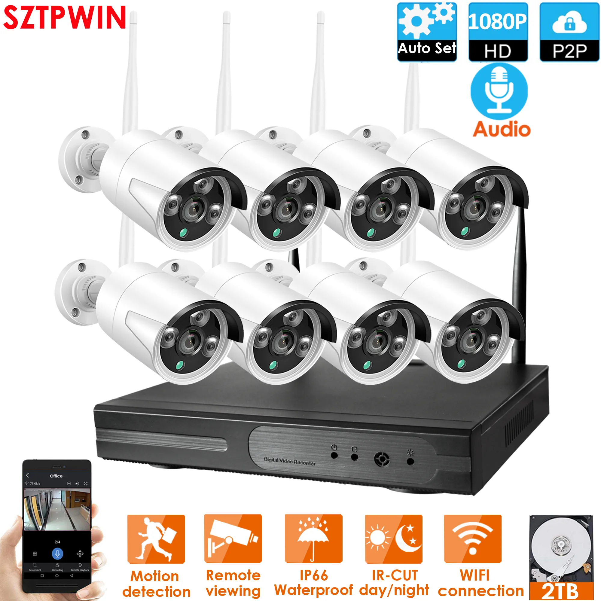 Système de vidéosurveillance audio 8ch sans fil 1080p NVR 8pcs 8pcs 2.0mp IR IR P2P P2P WiFi IP Kit de surveillance du système de surveillance de la caméra de sécurité