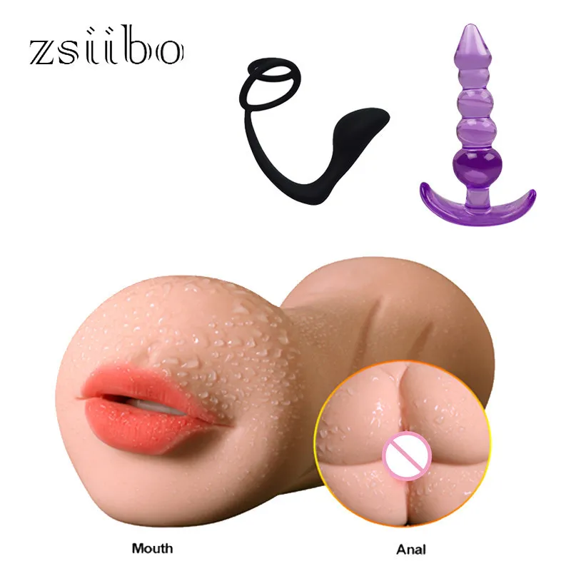 3 Piece Set 1 Silicone Male Prostate Massager 1 Oral Artificial Vagina Male Masturbator 1 Jelly Silicone Anal Plug QQTZ10