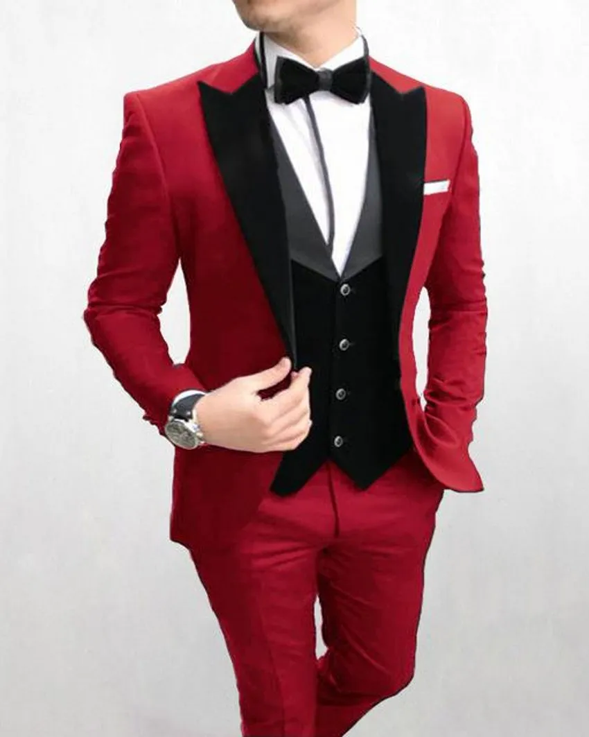 Brand New Red Groom Tuxedos Black Peak Lapel Groomsmen Mens Bröllopsklänning Fashion Man Jacka Blazer 3piece Suit (Jacka + Byxor + Vest + Tie) 1657