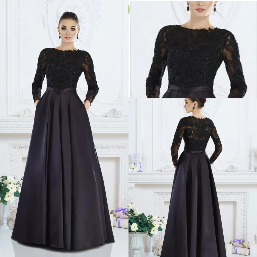 Noir À Manches Longues Mère De La Mariée Robes 2019 Jewel Neck Applique Satin Plus La Taille De Mariage Invité Robe De Soirée Porter Des Robes De Soirée Formelles