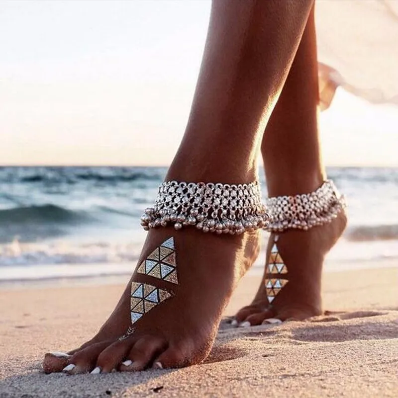 Mode sexig antik silver anklet kedja partier klocka pärlor ankel armband för kvinnor strand barfota sandal fot smycken