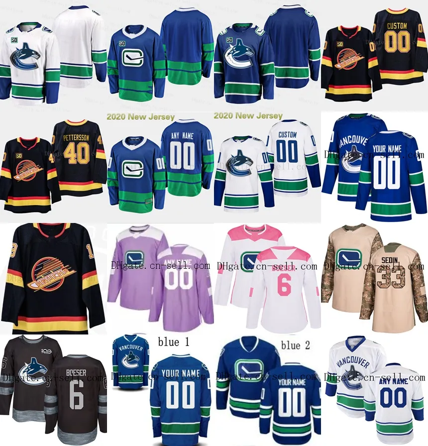 Temporada 50 Parche S-6XL 40 Elias Pettersson Vancouver Canucks 18 Jake Virtanen 6 Brock Boeser Camisetas de hockey personalizadas Hombres cosidos Mujeres Jóvenes