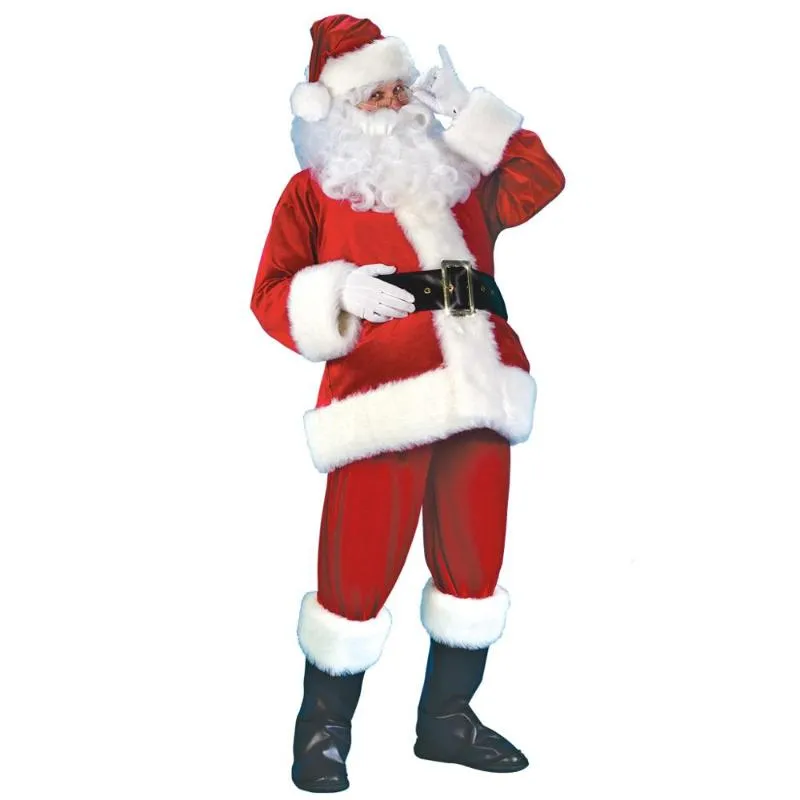 Adult Christmas Santa Claus Costume Suit Plush Father Fancy Clothes Xmas Cosplay Props Men Coat Pants Beard Belt Hat Full Set