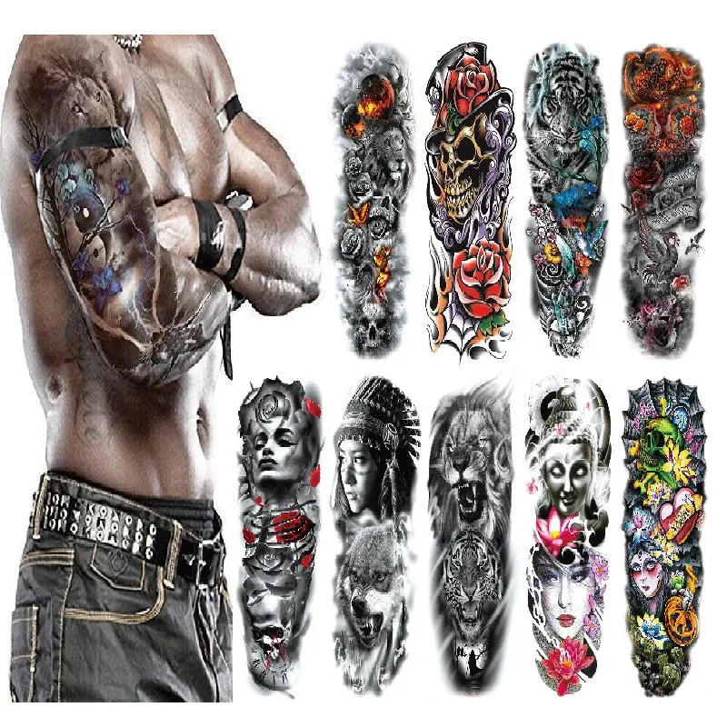 Étanche tatouage temporaire autocollant plein bras Grand crâne vieille école autocollants Tatoo flash faux tatouages ​​pour hommes femmes