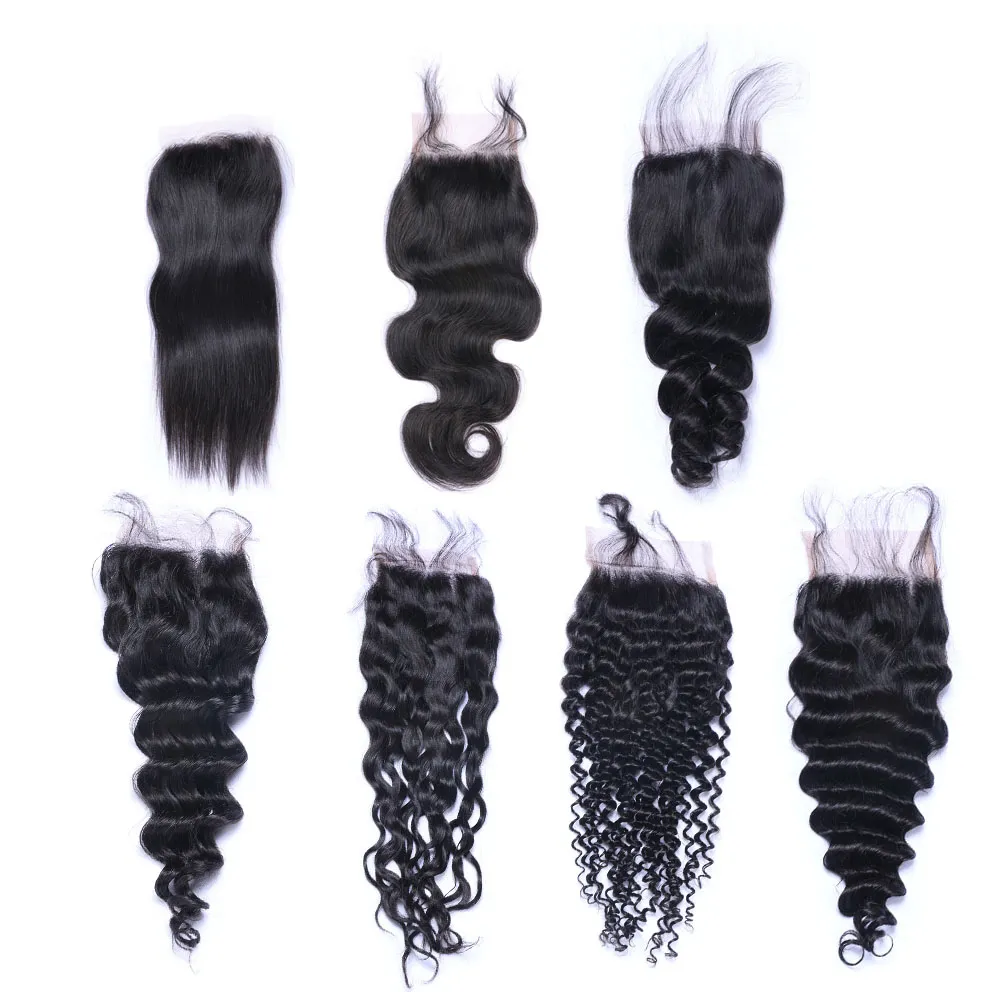 4x4 spetsförslutning Rak kropp Lös Deep Water Wave Kinky Curl Förplockat Nautral Hairlin