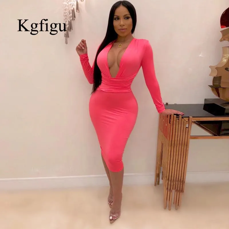 Kgfigu 2019 höstklänning kvinnor djup v nacke bodycon neon rosa vestidos sexig långärmad knä längd klänningar party clubwear