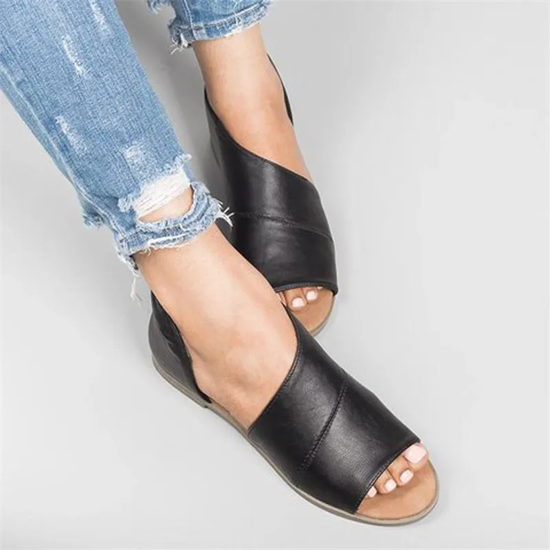 COOTELILI Kadınlar Düz Topuk Sandalet Kadın Yaz Günlük Ayakkabılar Ayakkabı Bayan Peep Toe Flats Sandalet Siyah Temel CX200613 Slip On