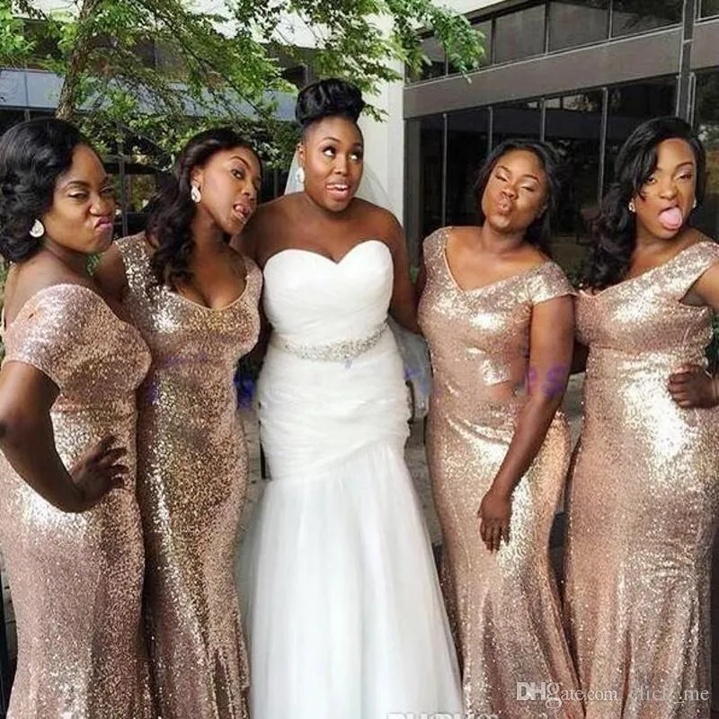 Bridesmaids Sequined Mermaid Dresses Long V Neck Off Shoulder Wedding Party Capped Cheap Maid Of Honor Dress African Wear