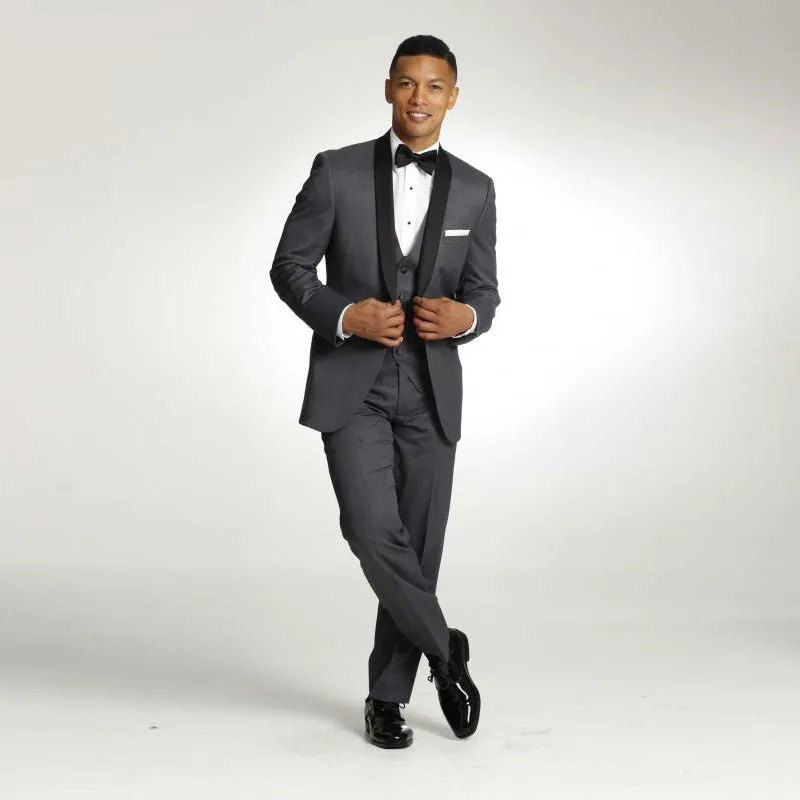 Gris foncé Hommes Costumes Un Bouton Garçons D'honneur De Mariage Tuxedos Châle Revers Costume De Marié Sur Mesure Blazers Formels Avec Veste Pantalon Gilet Noeud Papillon