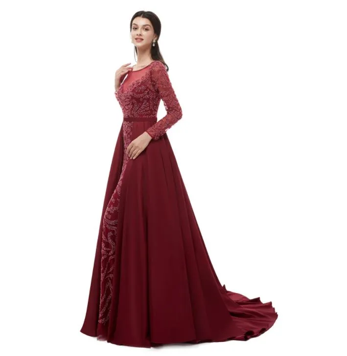 Burgundy Long Sleeves Tulle Beading Detachable Train Formal Prom Dress Burgundy Long Sleeves Tulle Beading Detachable Train Formal Prom Dress