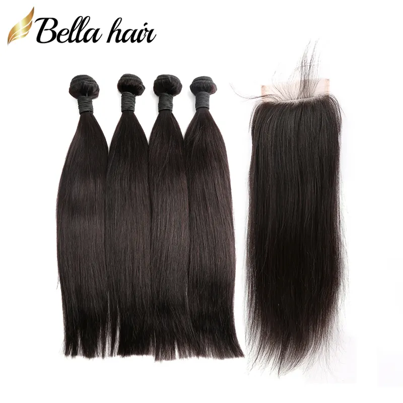 Brazilian Human Weft 4PCS with 1PC Top Closures Silky Straight Hair Extensions Double Wefts Unprocessed Virgin Hair Bundles BellaHair