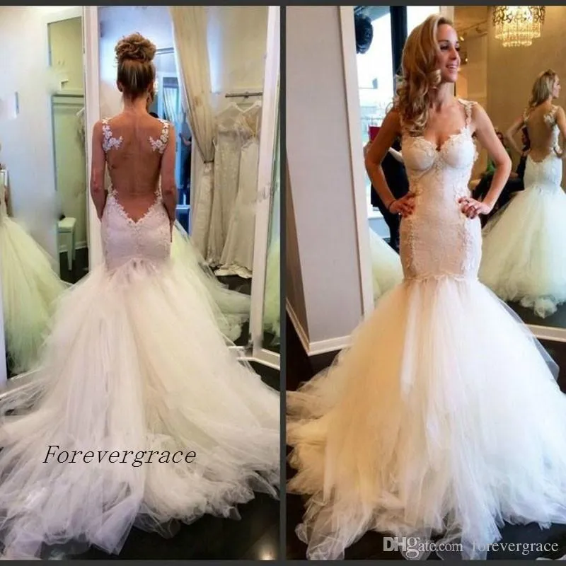2019 sirena larga increíble ver a través de la espalda vestido de novia romántico Apliques de encaje vestido de novia de talla grande hecho a medida