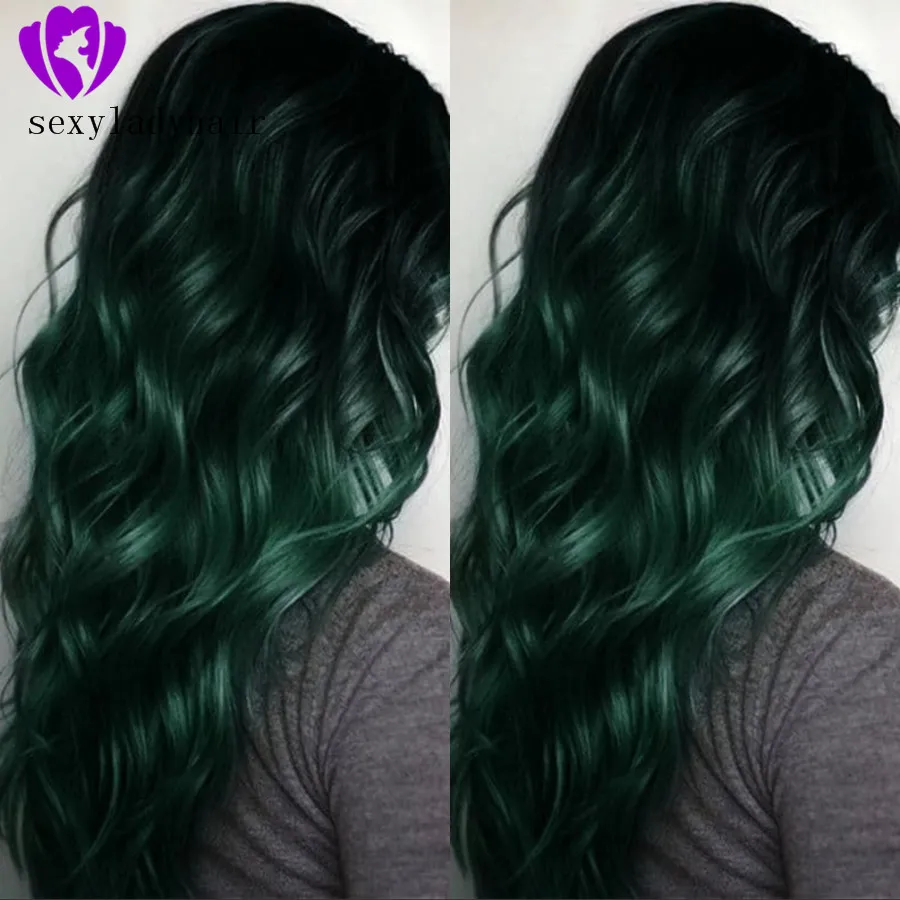 Naturvåg Brasilianska Hår Full Wig Black Roots Ombre Grön Syntetisk Lace Front Pärlor Hög temperatur Fiber Cosplay Paryk för kvinnor Parykar