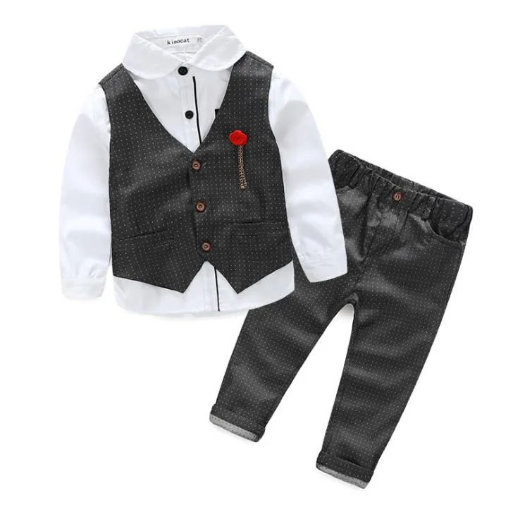 New Spring Autumn Baby Boys Set Gentleman Kids Shirt + Waistcoat + Pants 3pcs Children Boys Outfits Clothing Suit 14454