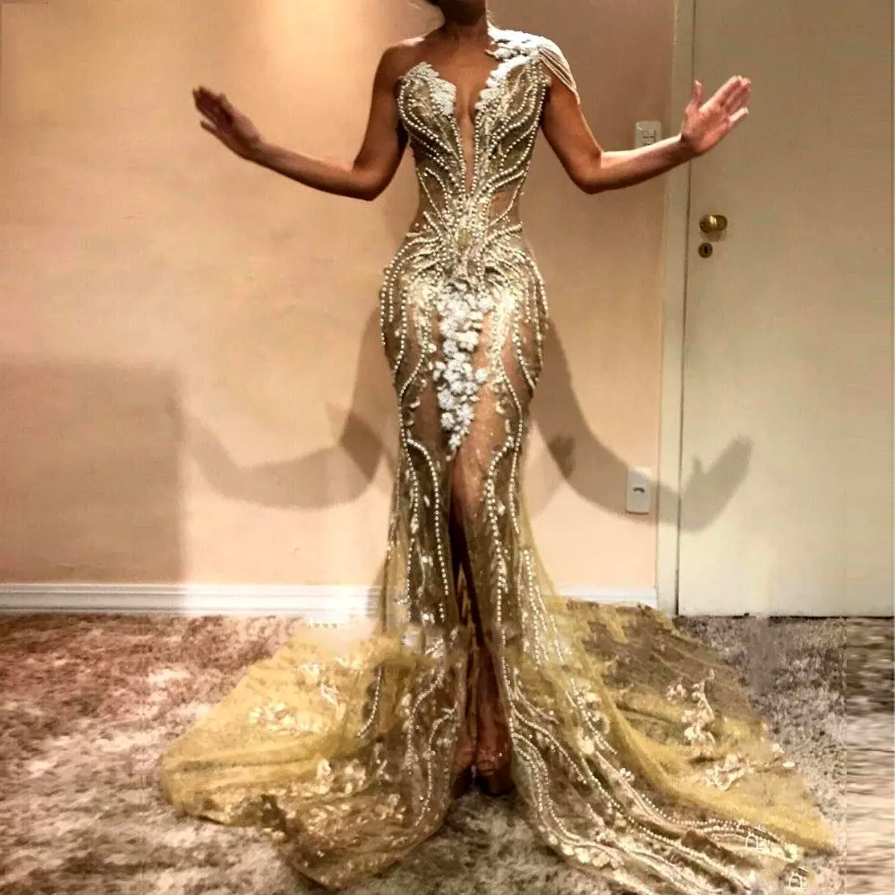 US$220.49-See Through Evening Dresses Long Mermaid V Neck Floor Length  Heavy Beaded Crystal New Arrival Prom Dress Prom Evening G-Description
