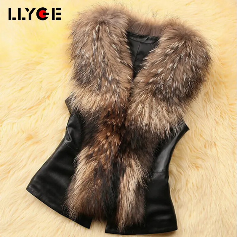 LLYGE PU Leather Faux Fur Women Płaszcz Zimowy 2018 Casual Plus Size Bez Rękawów Faux Fur Collar Kamizelka Moda Zimowa Kurtka Płaszcz