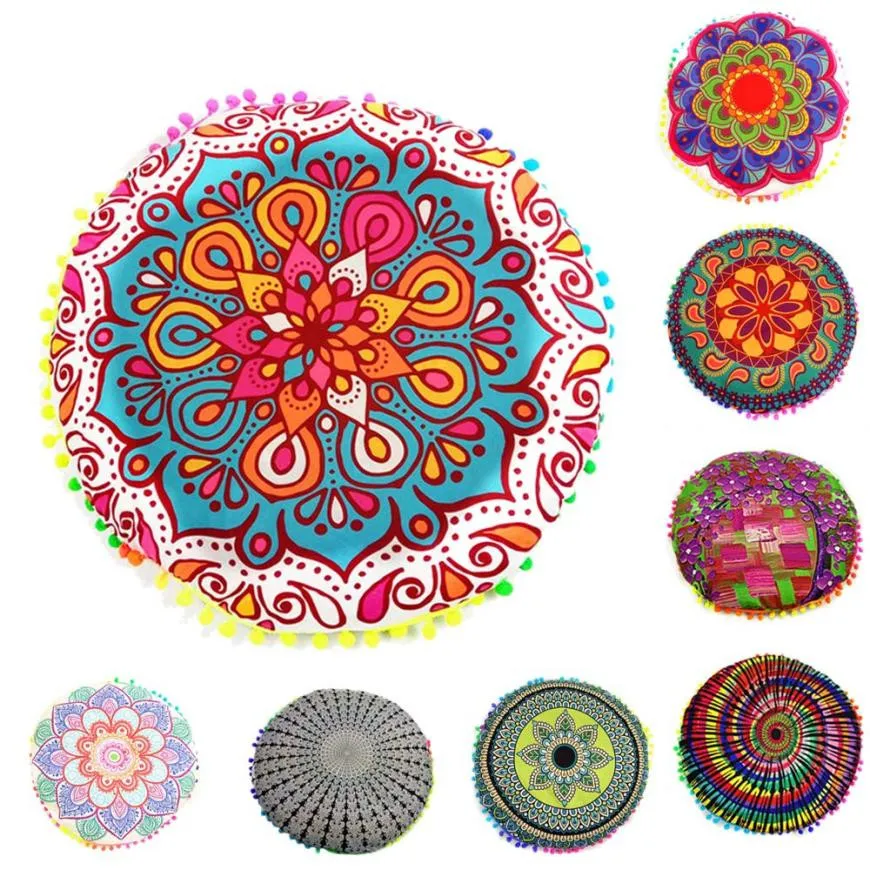 Novo Design Multicolor Mandala Blue Flower Travesseiros Rodada Bohemian Almofada Almofadas Almofadas Capa Caso #XT Pillow Case