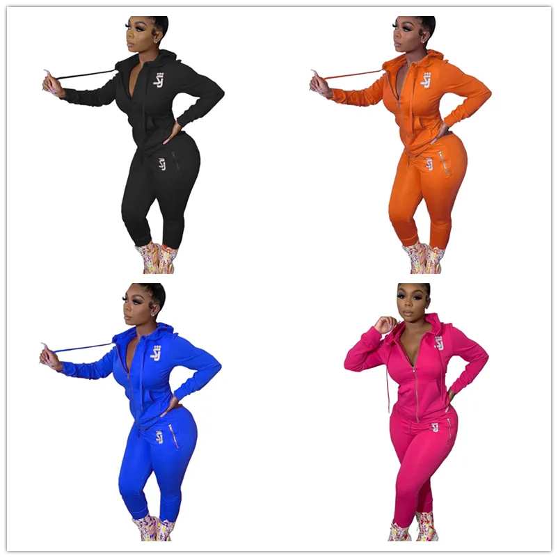 Le donne Tuta Moda Solid colore a maniche lunghe Zipper Hooded cappuccio superiore di tops + pants due pezzi set Autunno Sportwear Suit regalo INS