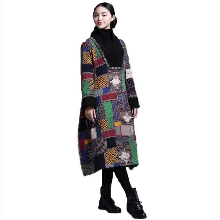 レトロな中国の国立スタイル秋冬の服の女性ロングローブエンテニックヘビーコットンパッド入りラージコートコットン暖かいジャケット