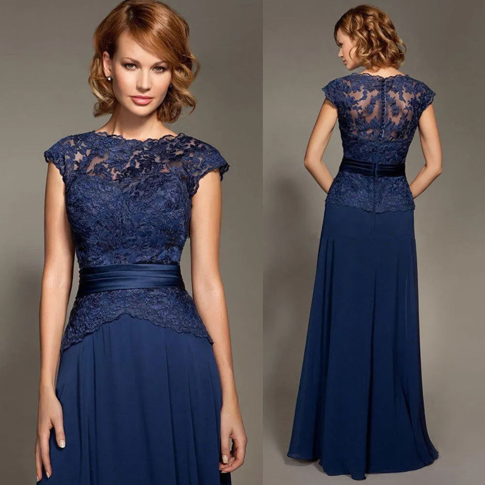 Bleu marine dentelle mère des robes de mariée, plus la taille mancherons appliqués robes d'invité de mariage pas cher étage longueur robes de soirée