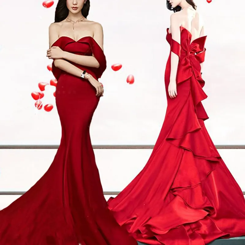 Sexig Mörk Röd Tiered Mermaid Bröllopsklänningar Lång 2020 Strapless Backless Red Carpet Celebrity Party Gowns Big Bow Women Bridal Gown