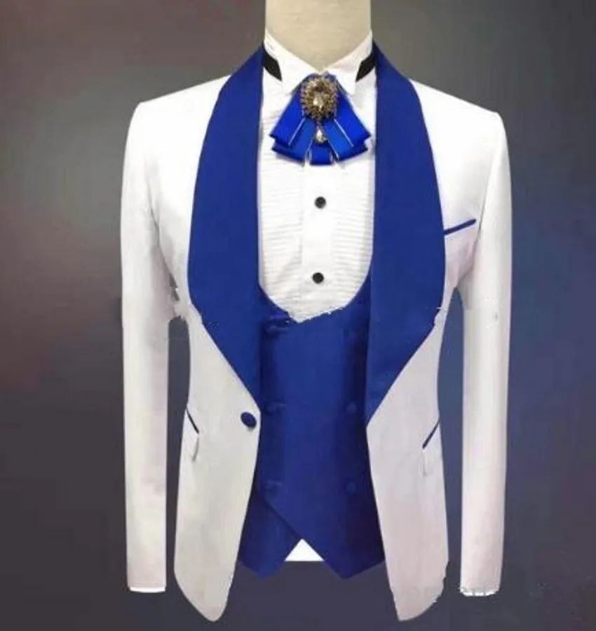 Białe Mężczyźni Ślub Smokingi Królewski Niebieski Lapel One Button Groom Smokingi Doskonała Kurtka Mężczyźni Blazer 3 Piece Suit (Kurtka + Spodnie + Kamizelka + Kamizelka) 1426