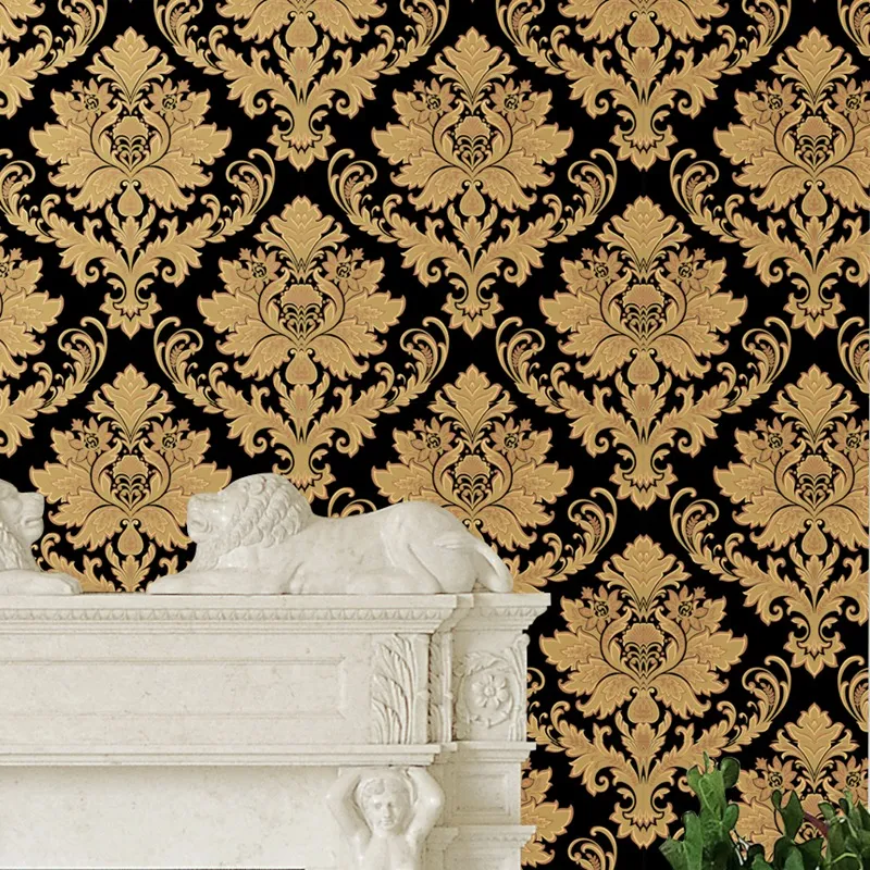 3Dビニール高級ゴールドダマスク織り壁紙ヨーロッパのビニール織り目加工壁紙リビングルームベッドルームブラックPVC壁紙