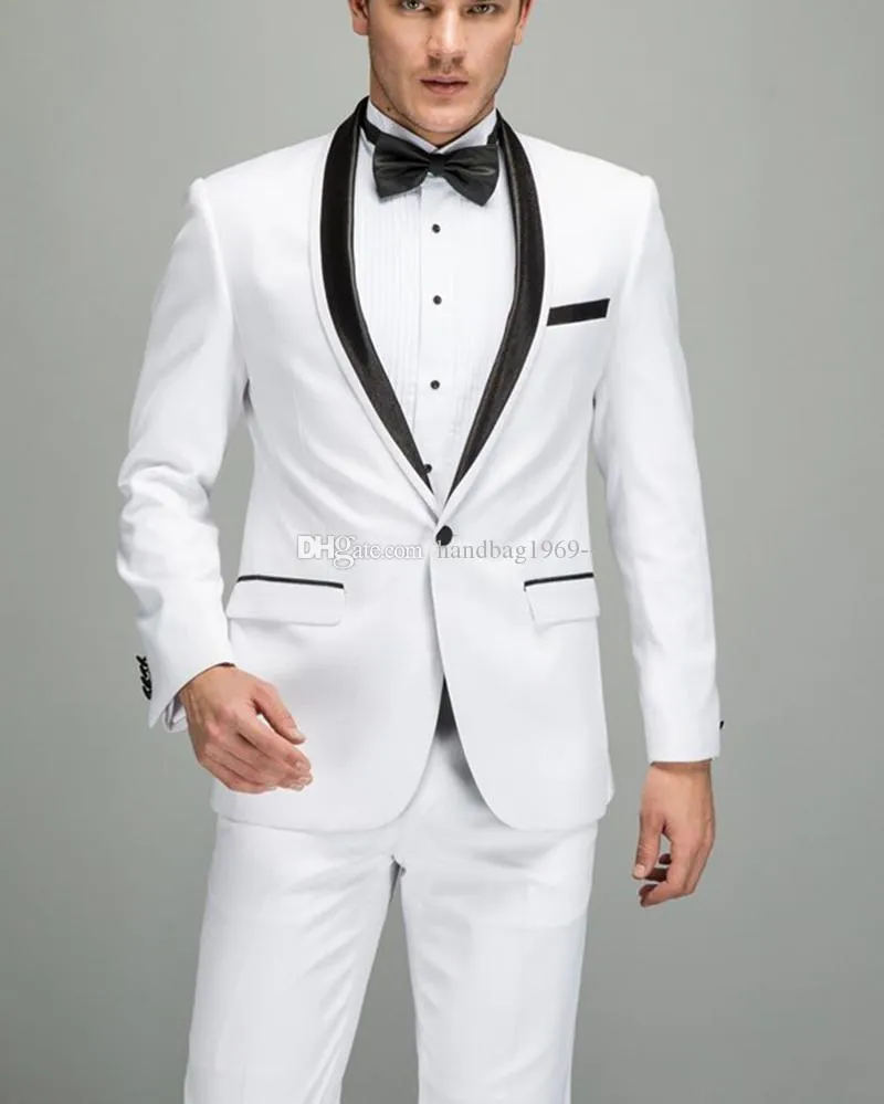 Popüler Bir Düğme Beyaz Damat smokin Şal Yaka Groomsmen Mens Suits Düğün / Gelinlik / Akşam Blazer (Ceket + Pantolon + Kravat) K298