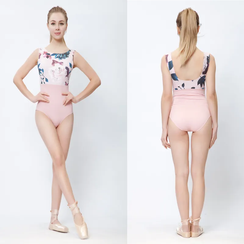 Rosa Druck Ballett Tanz Trikots Frauen 2019 Neue Ankunft Sommer Gymnastik Tanzen Kostüm Erwachsene Hohe Qualität Ballett Trikot