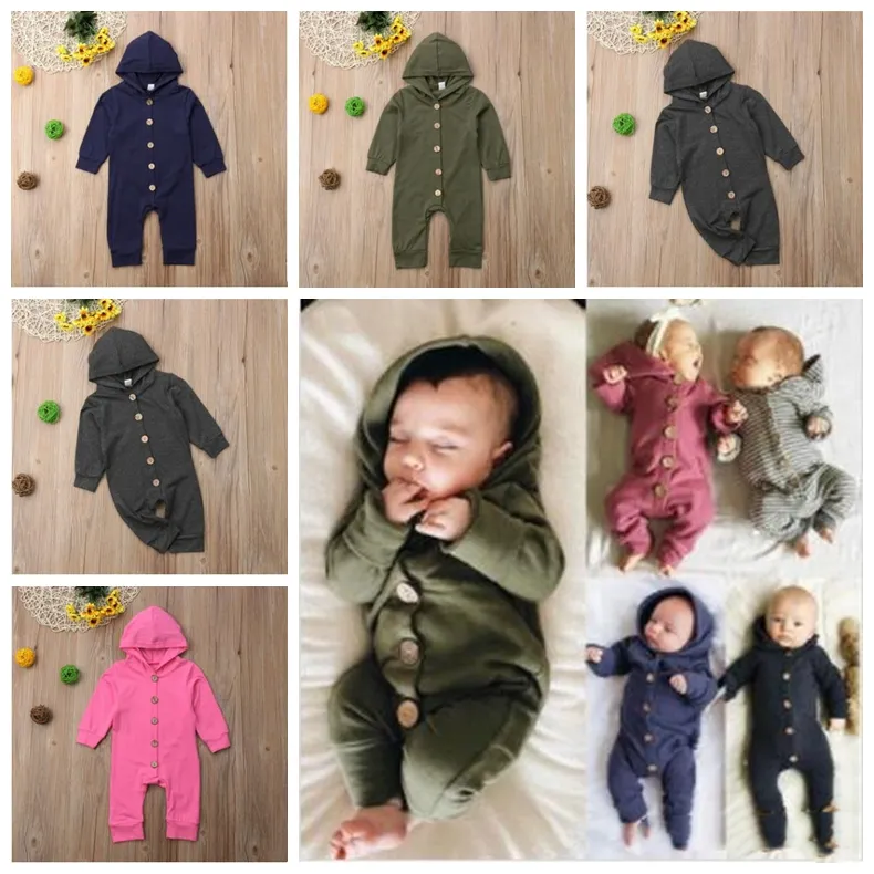 Baby Romper Newborn Girl Designer Clothes Infant Long Sleeve Button Jumpsuits Baby Boy Hooded Bodysuits Kids Designer Clothes 4 Colors ZYQ93
