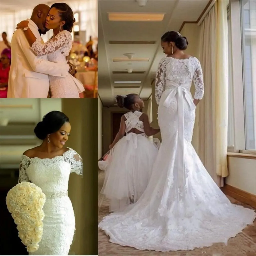 2019 Abiti da sposa in pizzo a maniche lunghe a sirena Plus Size Abiti da sposa africani arabi nigeriani Robe de soriee