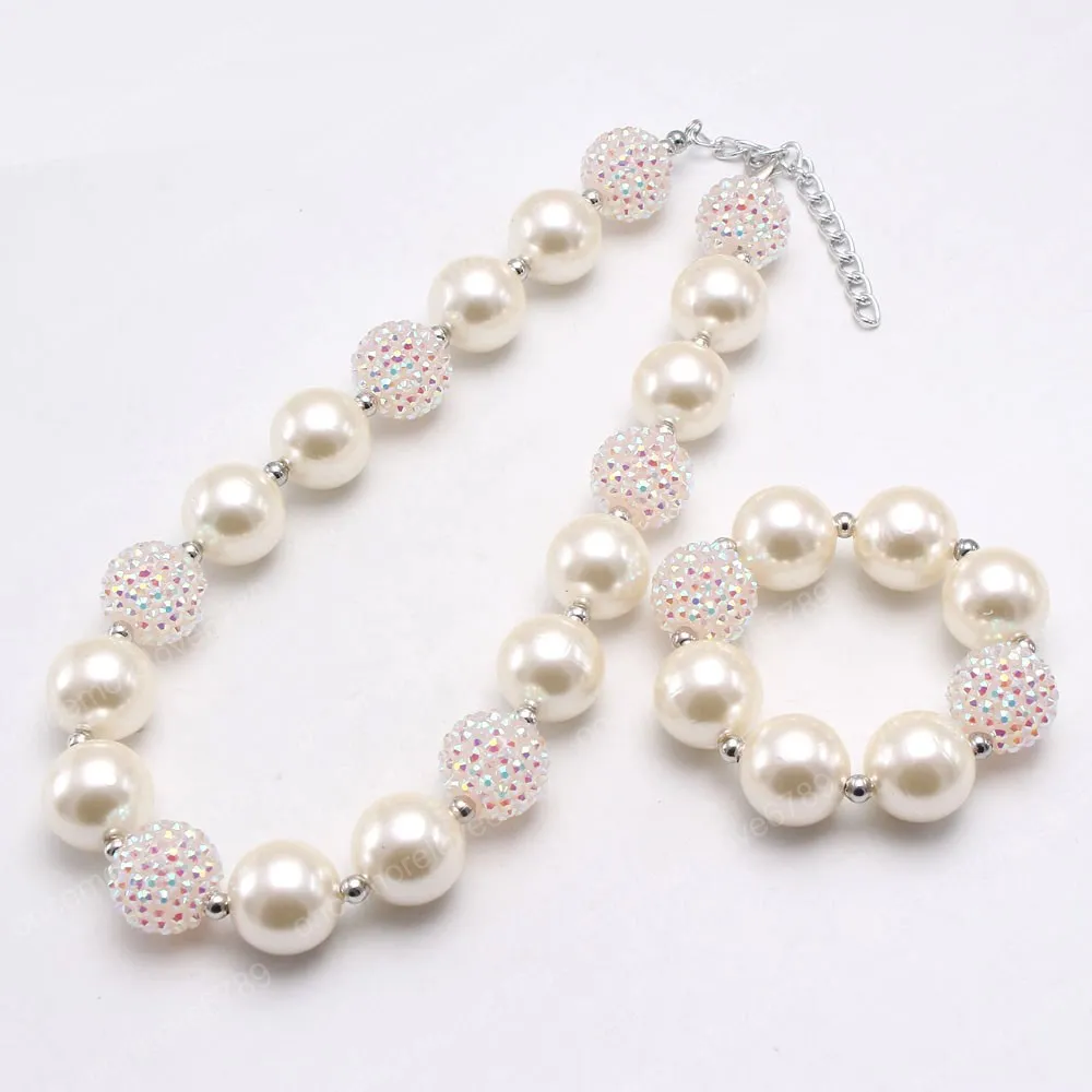 New Arrival Biały Imitacja Pearl Chunky Naszyjnik Baby Bubblegum Koraliki Bransoletka Cute Girls Handmade Biżuteria na imprezę