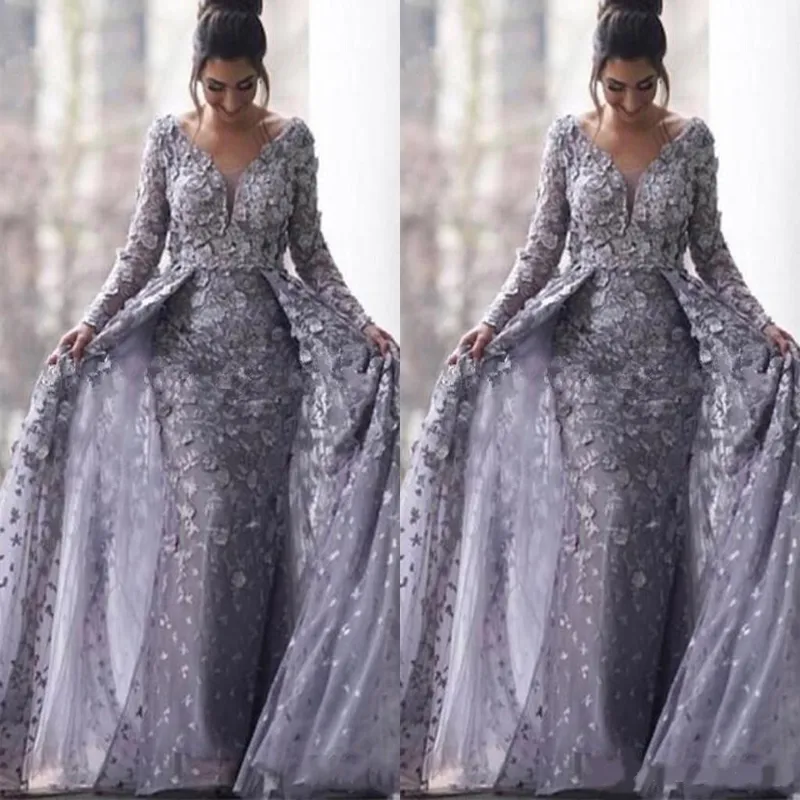 2020 Arabia Saudita Gris Vestidos de noche musulmanes 2020 Sirena con cuello en V Mangas largas Tul Encaje Islámico Dubai Vestido de noche formal largo 239U