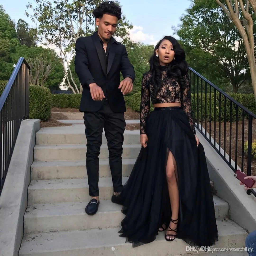 2019 Vestidos de fiesta de dos piezas sexy negro Cuello joya Apliques de encaje Manga larga Lado alto Tren de barrido largo Vestidos de fiesta de noche formales