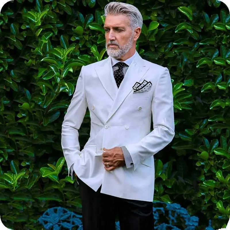 Hoge kwaliteit Double-Breasted White Groom Tuxedos Peak Revers Mannen Past 2 Stuks Bruiloft / Prom / Diner Blazer (Jacket + Pants + Tie) W705