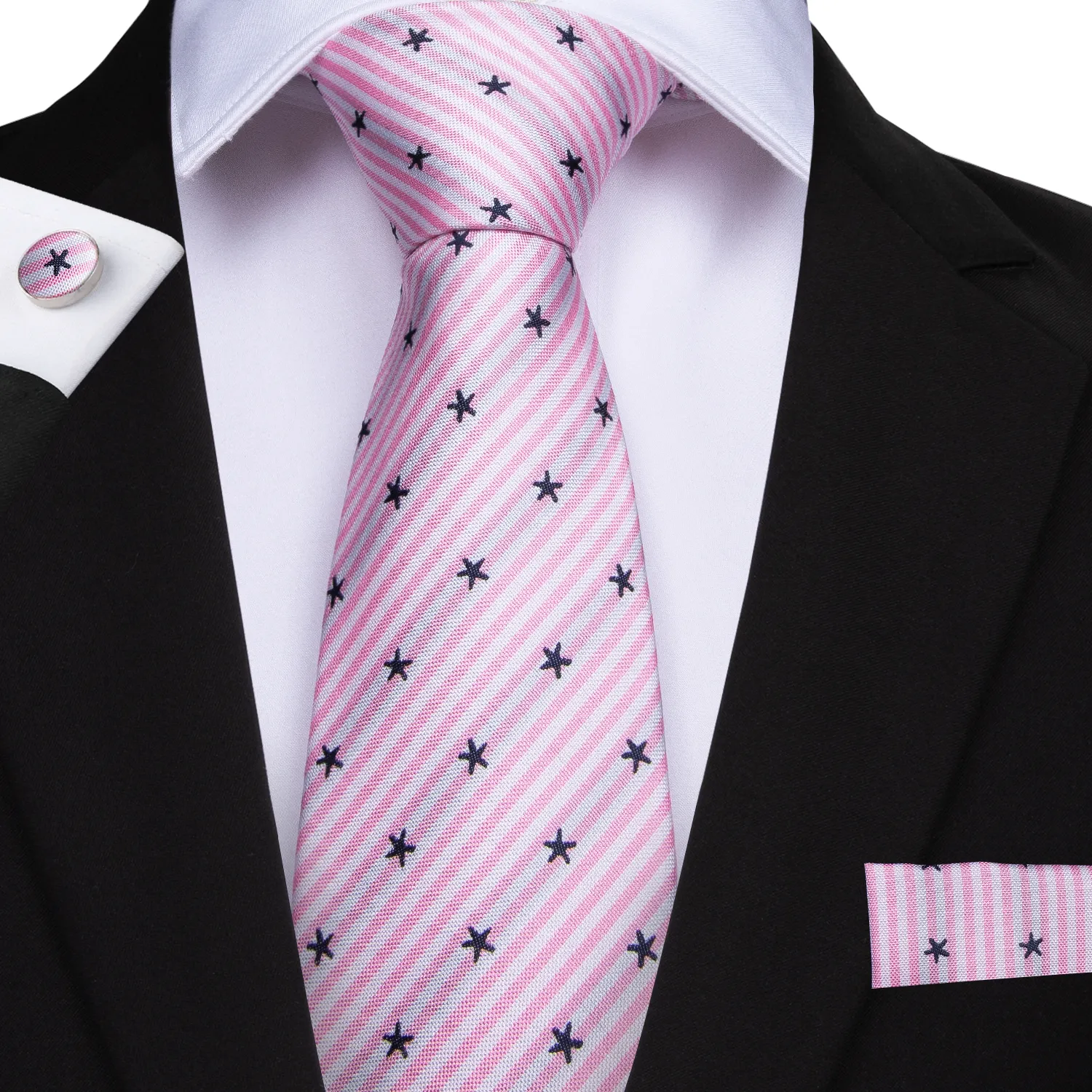 مرحبا التعادل نمط نجمة العنق 100 ٪ الحرير الرجال الوردي التعادل كلاسيكي حفل زفاف التعادل المنديل أزرار أكمام جيب مربع مجموعة N-7155