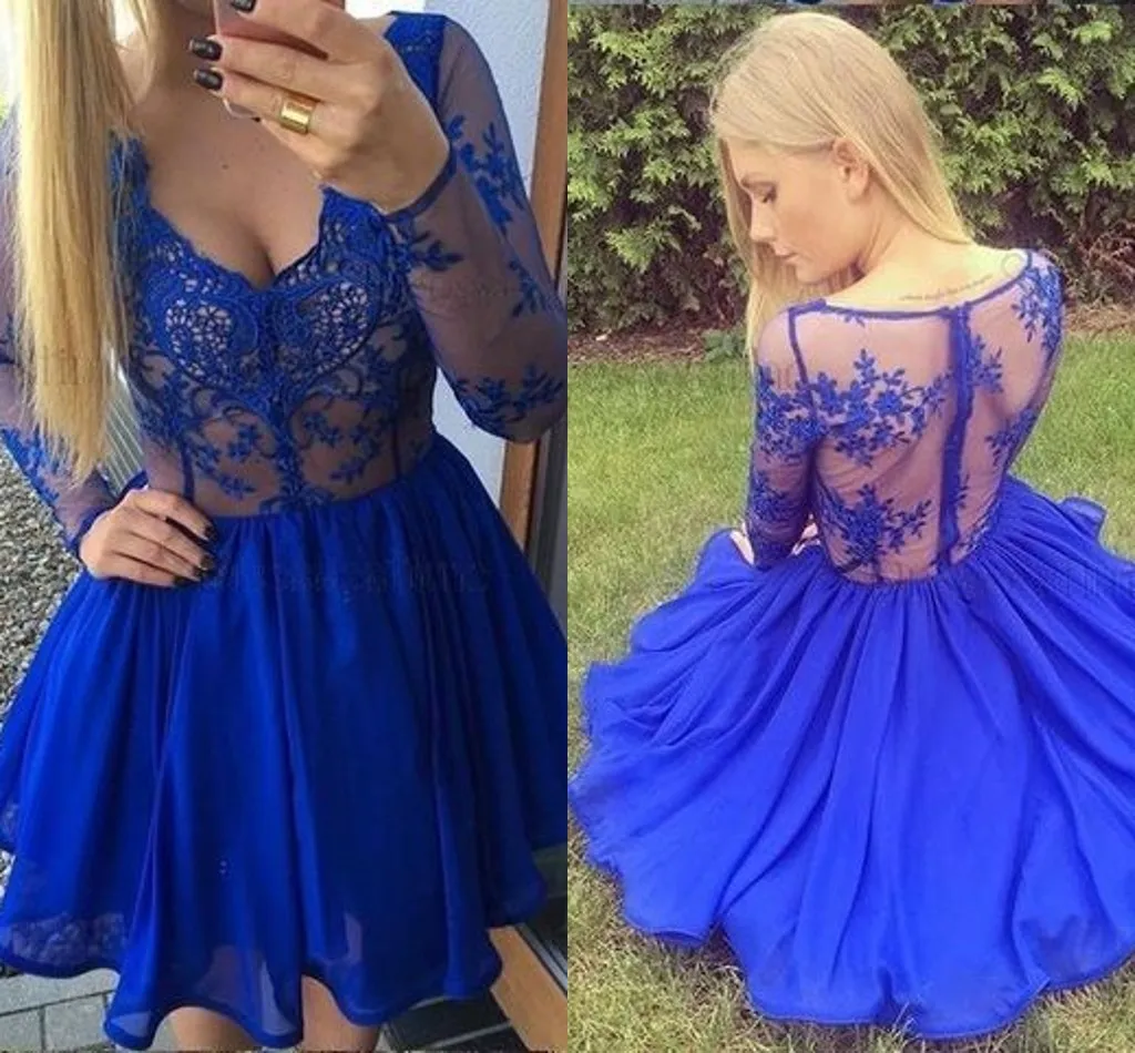 Sexy See Through Top Vestidos de fiesta cortos con manga larga Precioso cordón de gasa Vestido de fiesta barato Vestidos de graduación Azul 2019