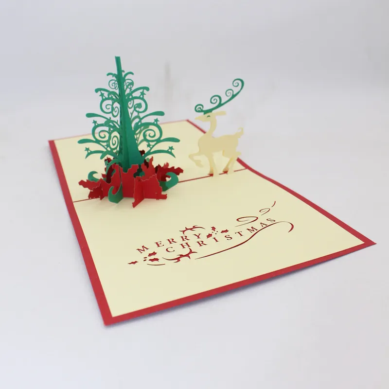 Biglietti d'auguri di buon Natale fatti a mano Creative 3D Pop UP Cartone animato Albero di Natale Cervo Carta di carta Forniture per feste festive