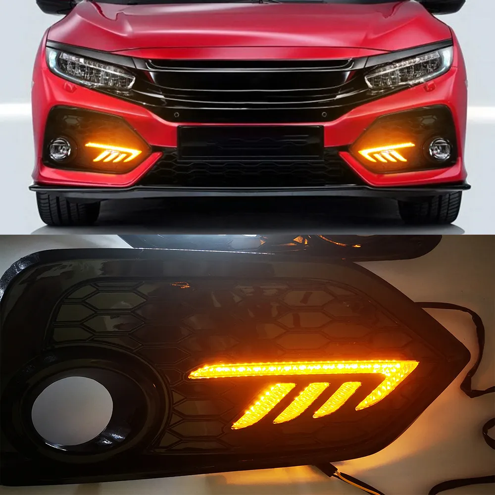 1 Pair Daytime Running Light LED DRL fog lamp Driving lights Yellow Turn Signal Lamp For Honda CIVIC hatchback 2016 2017 2018 2019 2020