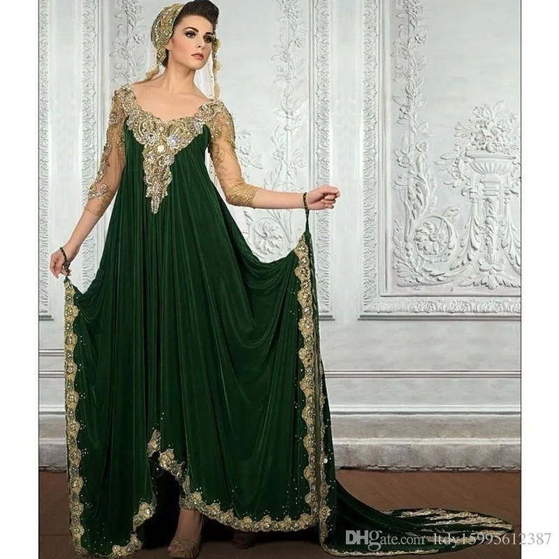 Dekoracja Dubai Kaftan Prom Dress Velor Saudyjska Suknia Arabska 2019 Nowy Gorgeous Green Sweep Pociąg Bliski Wschód Suknia Wieczorowa 052