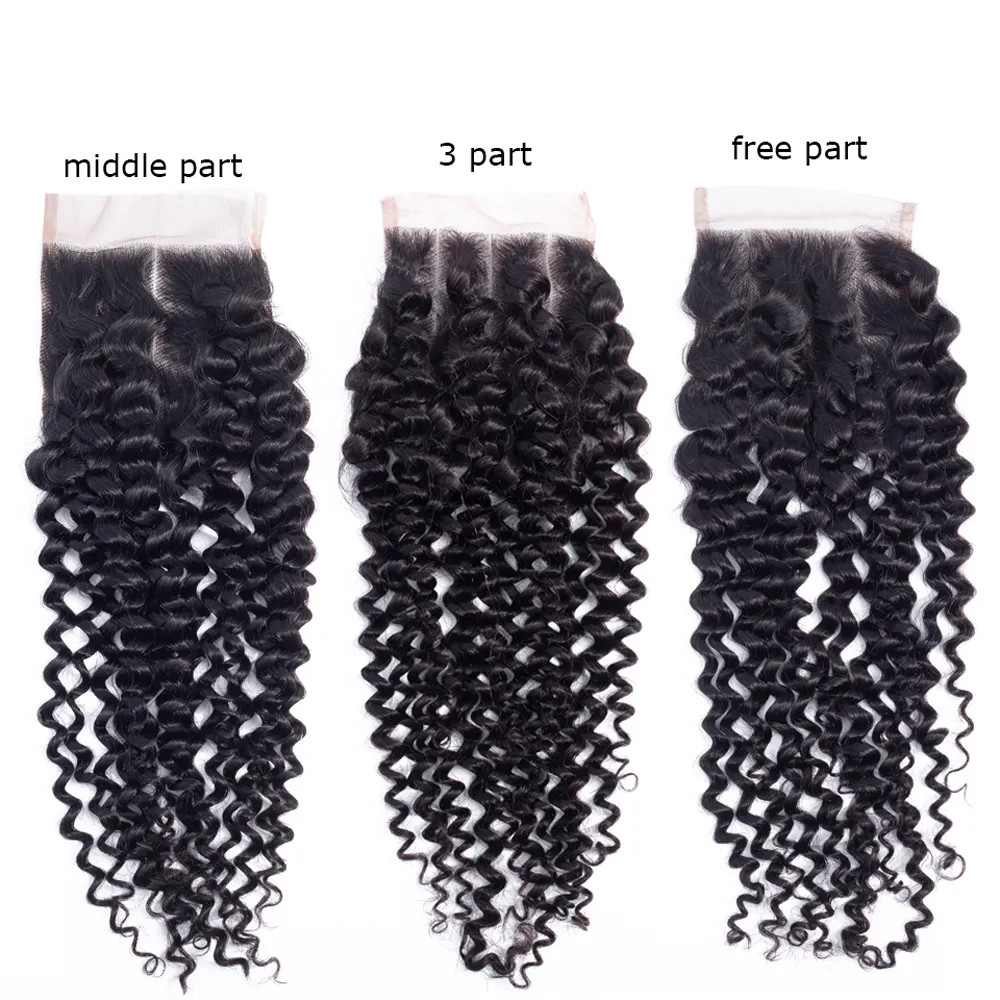 Kinky Curly Human Hair 4x4 Lace Closures Knots Blirerade Naturliga hårlinjefria Mellan 3 delar
