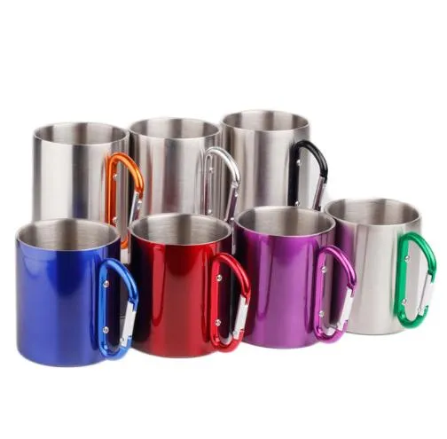 220ml extérieur en acier inoxydable tasse à café voyage Camping tasse mousqueton en aluminium crochet Double verre à vin