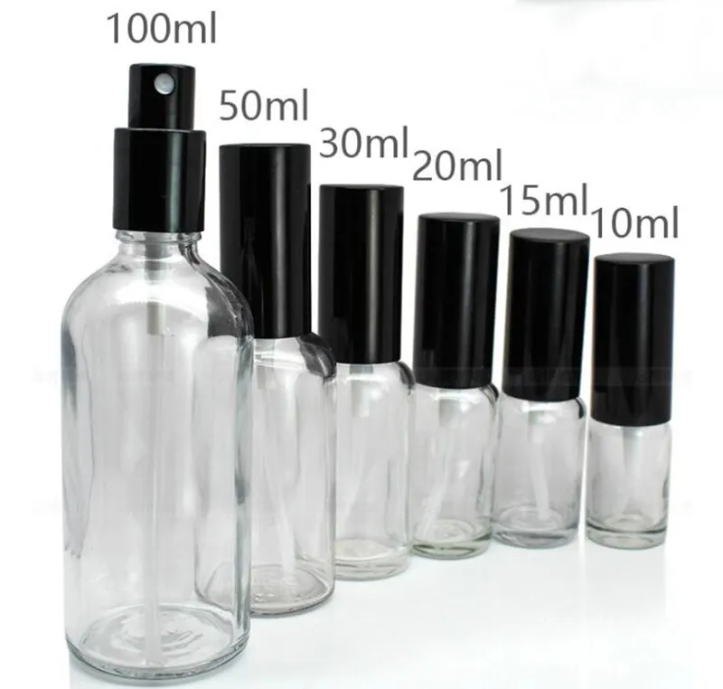 10 ml - 100 ml transparente nachfüllbare Sprühflaschen, ätherisches Öl, Flüssigkeit, leer, Zerstäuber, Make-up, Parfüm, Glasflaschen zum Verkauf