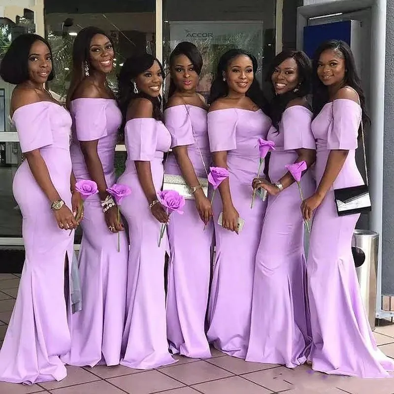 2020 pas cher hors de l'épaule robes de demoiselle d'honneur de sirène de lavande africaine avec manches courtes en satin balayage train pas cher robes d'invité de mariage