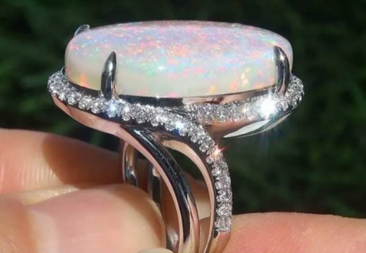 Grande anello in argento sterling massiccio 925 con pietra preziosa naturale opale di fuoco diamante fidanzamento matrimonio gioielli moda donna4888161