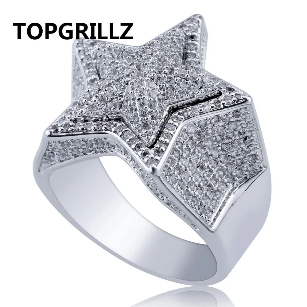 TOPGRILLZ HIP HOP Vijf Sterren Ringen Mannen Goud Zilver Kleur IJs Out Out Cubic Zirkoon Sieraden Ring Geschenken Y19062004