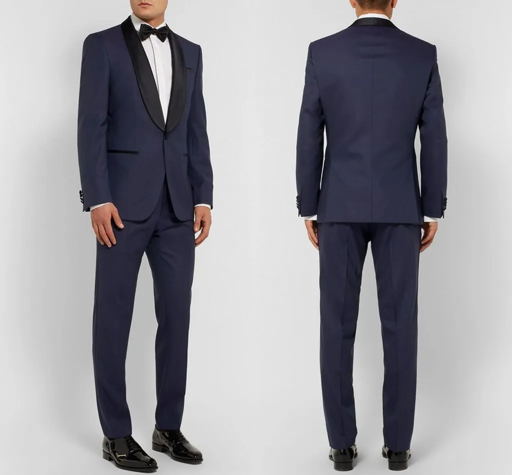Neue Marineblaue Hochzeitsanzüge für Männer nach Maß Slim Fit Hochzeit Bräutigam Smoking für Männer Trauzeuge Trauzeuge Anzug Jacke + Hose + Schleife