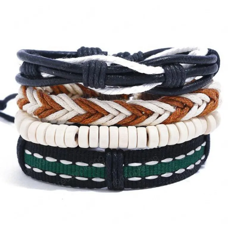 100% lederen armband warme lint kralen weven verstelbare armband mannen combinatie pak armband 4style / 1 set