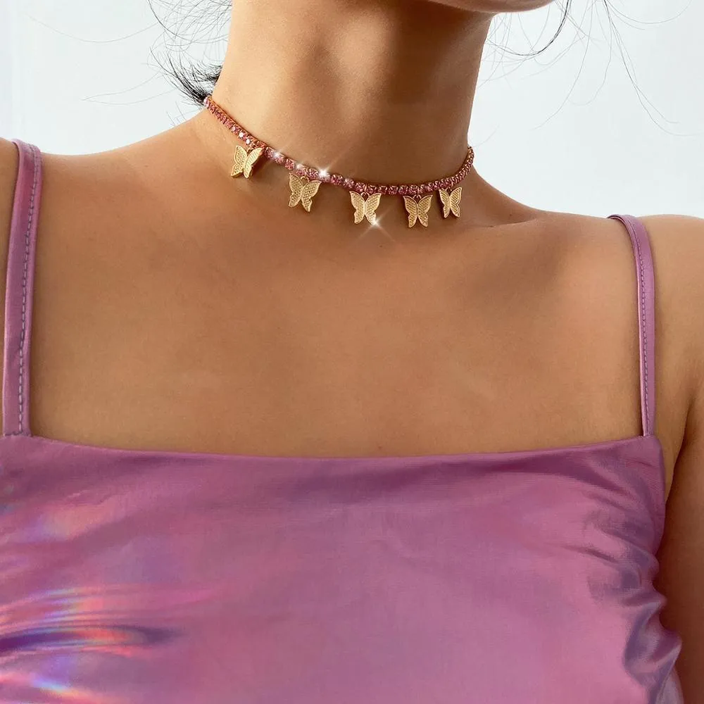 2020 Yeni Kazak Zincir Pembe Kristal Kelebek Kolye Kolye Kadınlar için Moda Rhinestone Hayvan Chokers Düğün Takı Takı